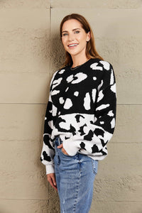 Woven Right Leopard Ribbed Trim Dropped Shoulder Sweater - Pahabu - Women's Clothing & Shop