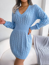 Cable-Knit V-Neck Mini Sweater Dress - Pahabu - Women's Clothing & Shop