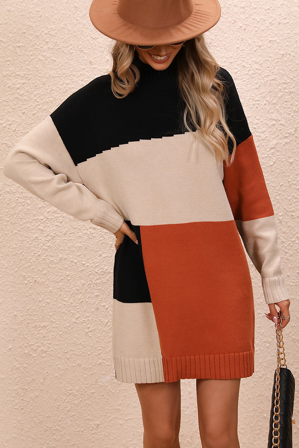 Color Block Mock Neck Dropped Shoulder Sweater Dress - Pahabu - Women's Clothing & Shop