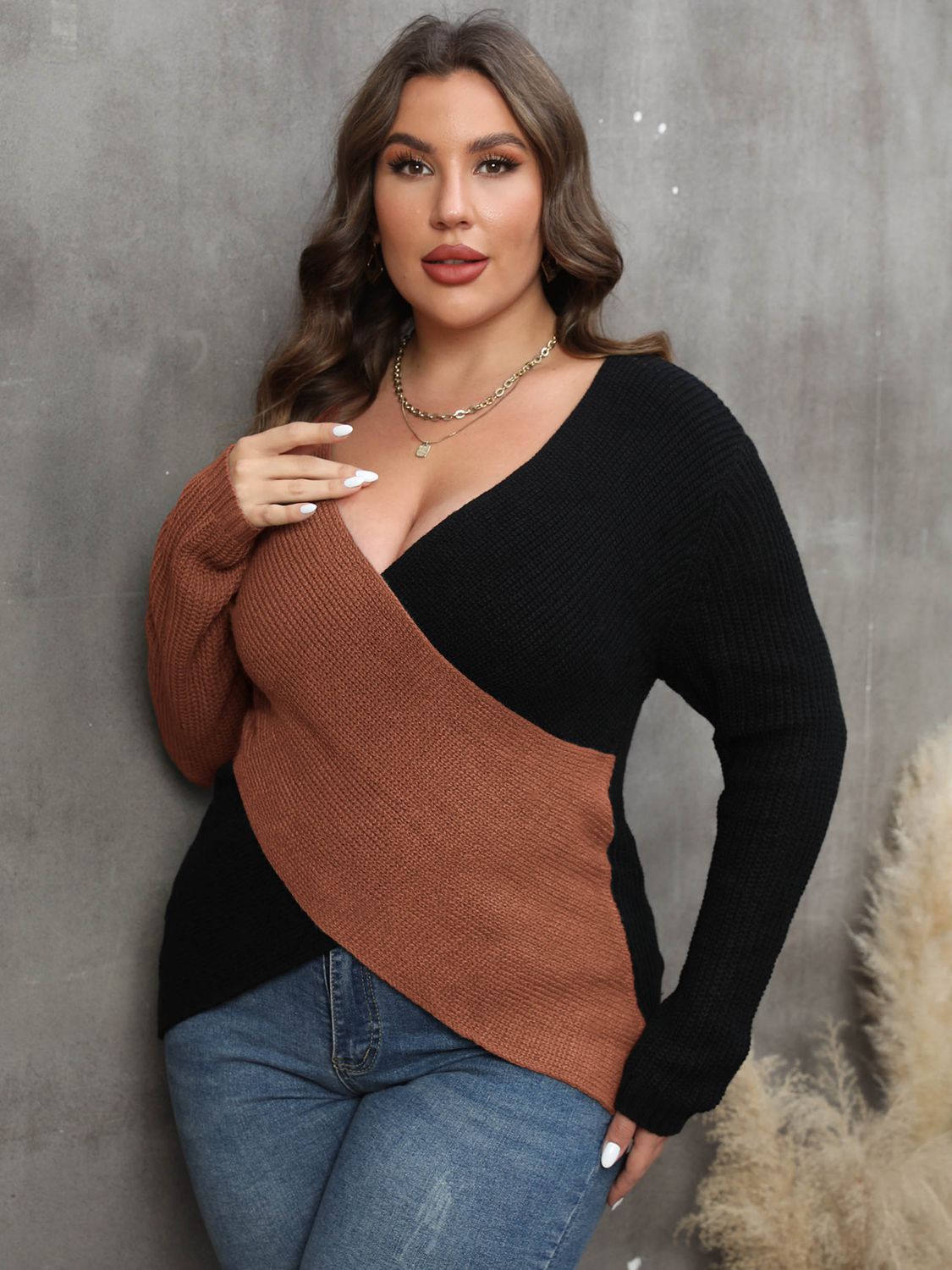 Plus Size Two-Tone Surplice Neck Sweater - Pahabu - Women's Clothing & Shop