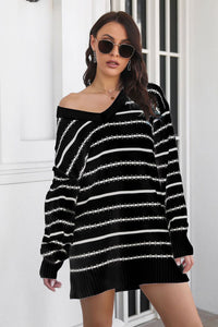 Striped V-Neck Sweater Dress - Pahabu - Women's Clothing & Shop
