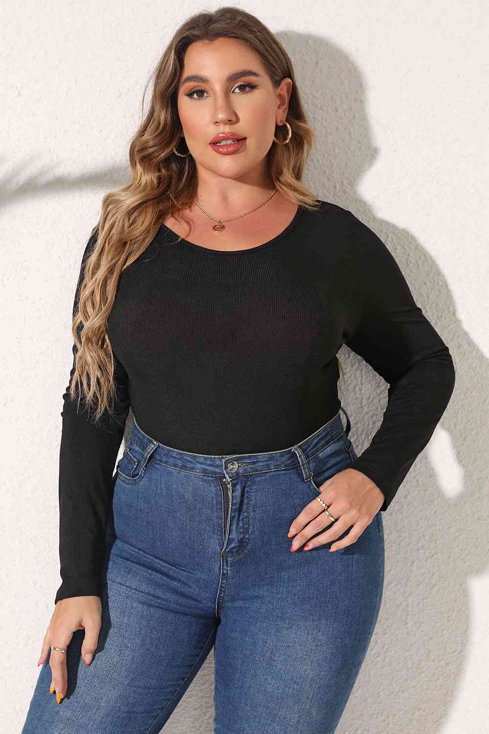 Plus Size Round Neck Long Sleeve Bodysuit - Pahabu - Women's Clothing & Shop