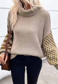 Striped & Checkered Turtleneck Dropped Shoulder Sweater - Pahabu - Women's Clothing & Shop