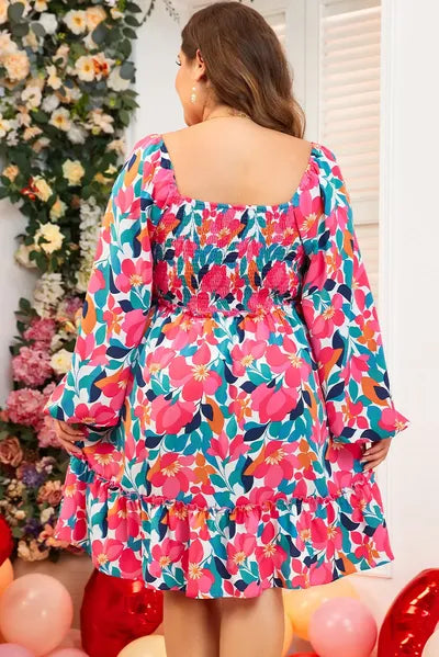 Plus Size Smocked Floral Square Neck Balloon Sleeve Dress - Pahabu - Women's Clothing & Shop
