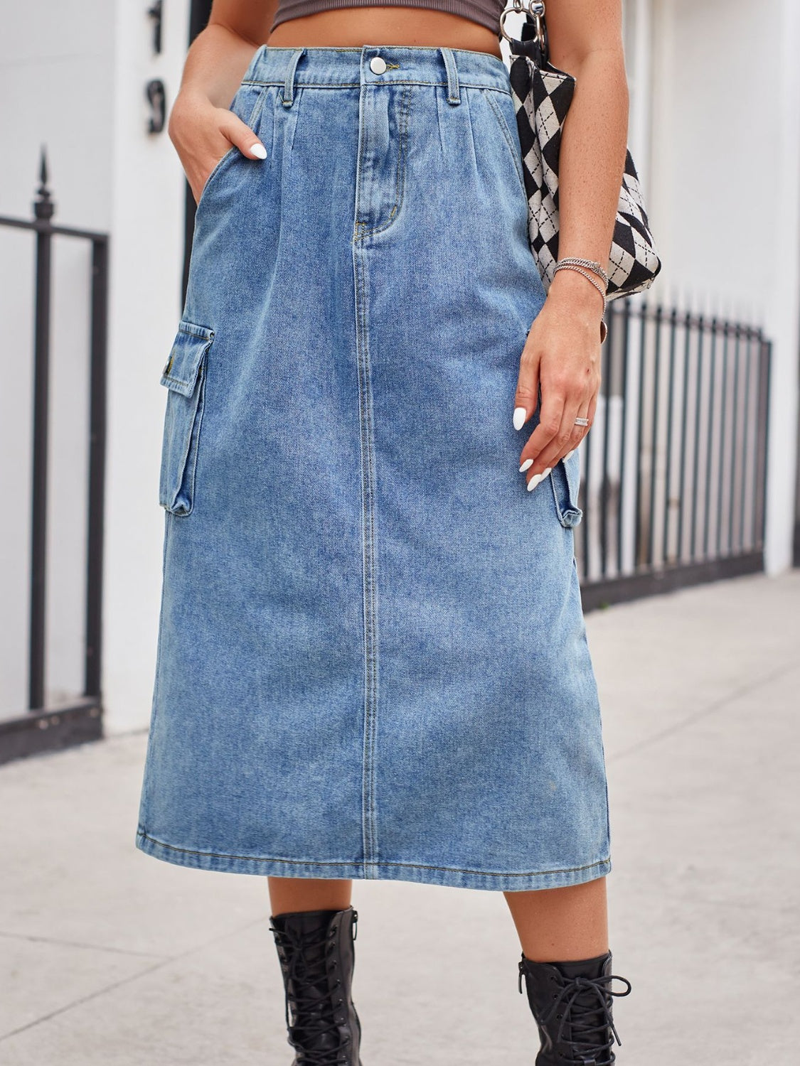 Slit Buttoned Denim Skirt with Pockets - Pahabu - Women's Clothing & Shop