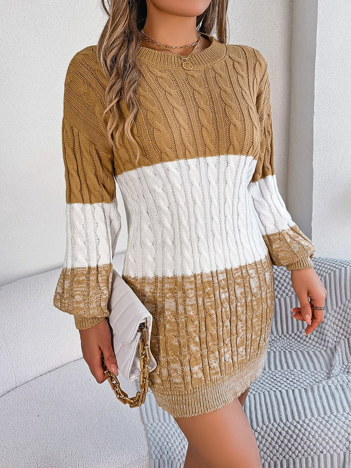 Cable-Knit Round Neck Color Block Sweater Dress - Pahabu - Women's Clothing & Shop