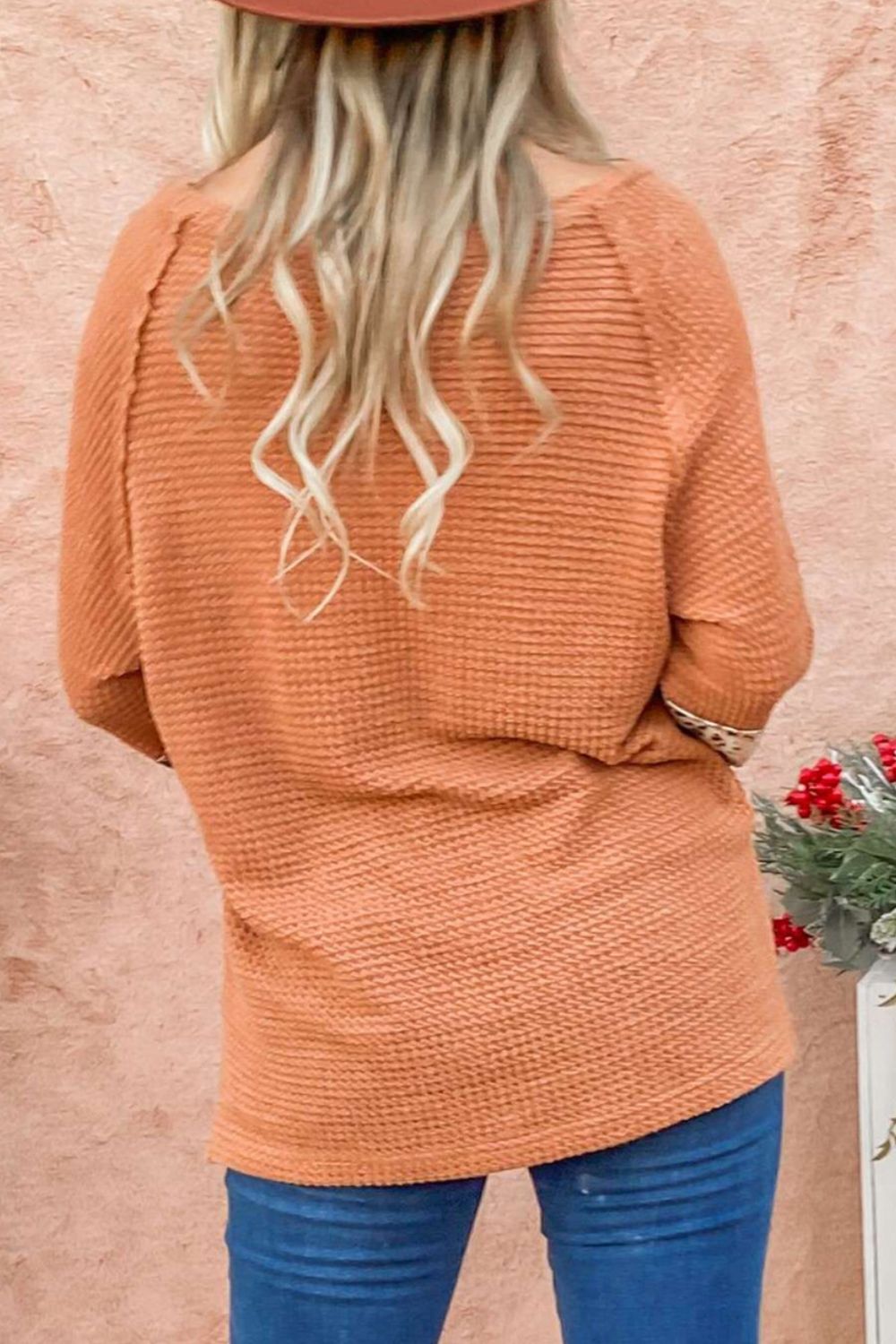 Waffle-Knit Leopard Long Sleeve Slit Blouse - Pahabu - Women's Clothing & Shop