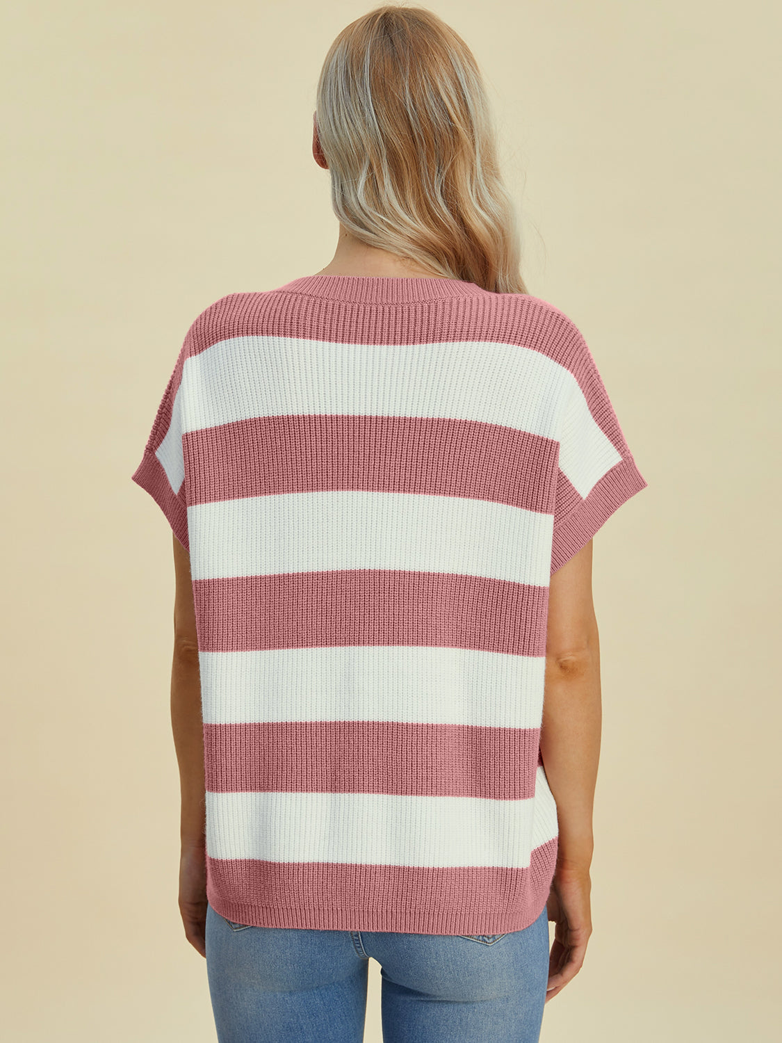 Double Take Full Size Striped V-Neck Short Sleeve Sweater - Pahabu - Women's Clothing & Shop