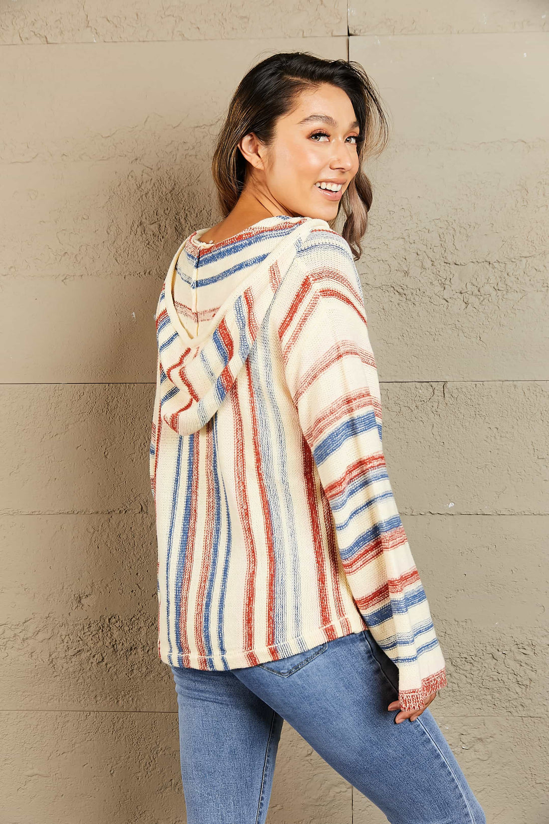 Striped Hooded Sweater with Kangaroo Pocket - Pahabu - Women's Clothing & Shop