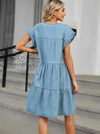 Tiered Round Neck Short Sleeve Denim Dress - Pahabu - Women's Clothing & Shop