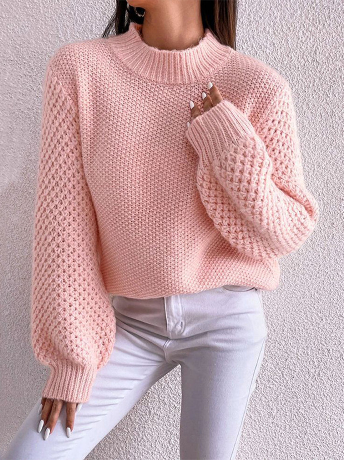 Openwork Mock Neck Long Sleeve Sweater - Pahabu - Women's Clothing & Shop