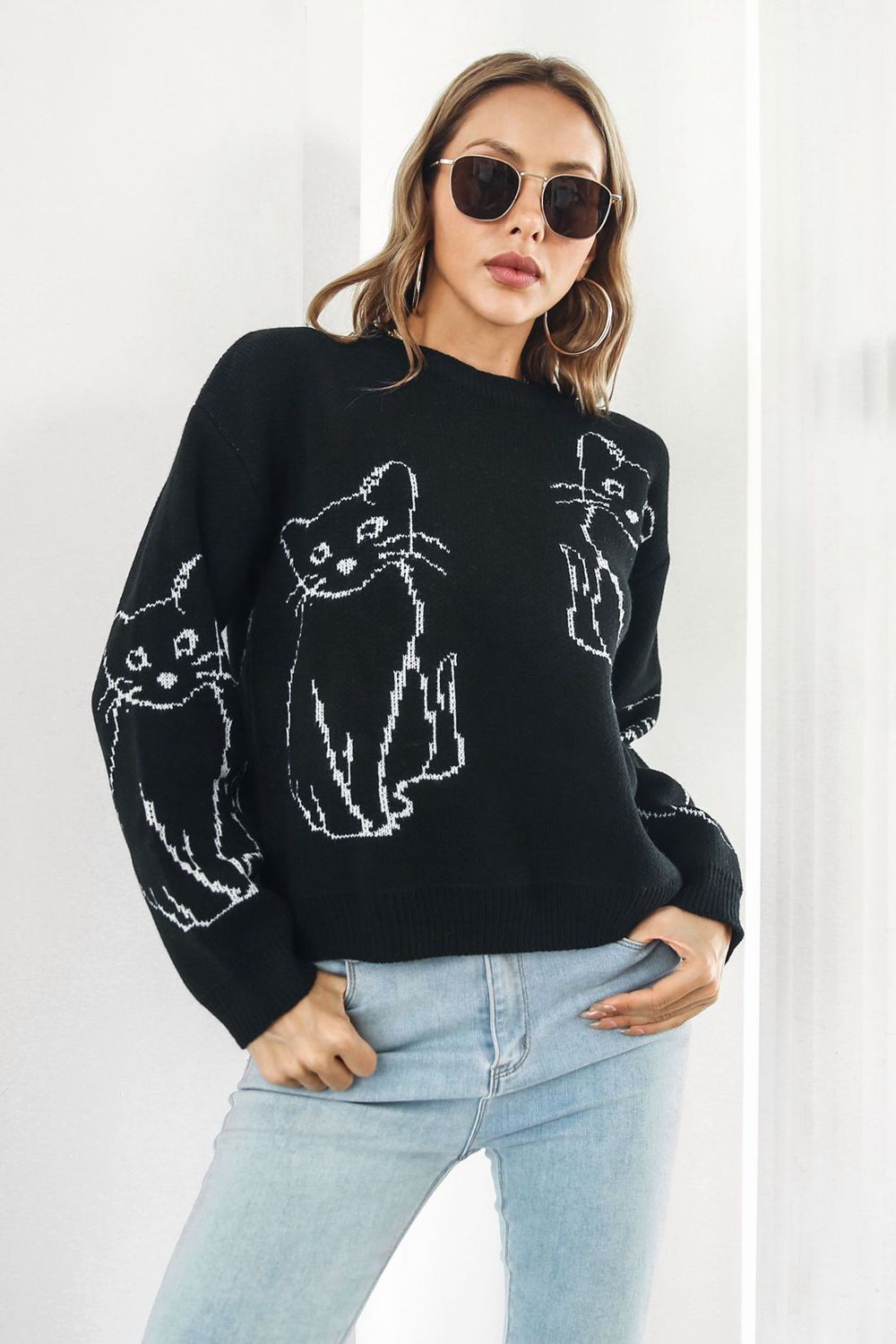Cat Pattern Round Neck Long Sleeve Pullover Sweater - Pahabu - Women's Clothing & Shop