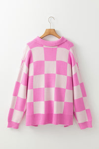 Slit Checkered Half Button Long Sleeve Sweater - Pahabu - Women's Clothing & Shop