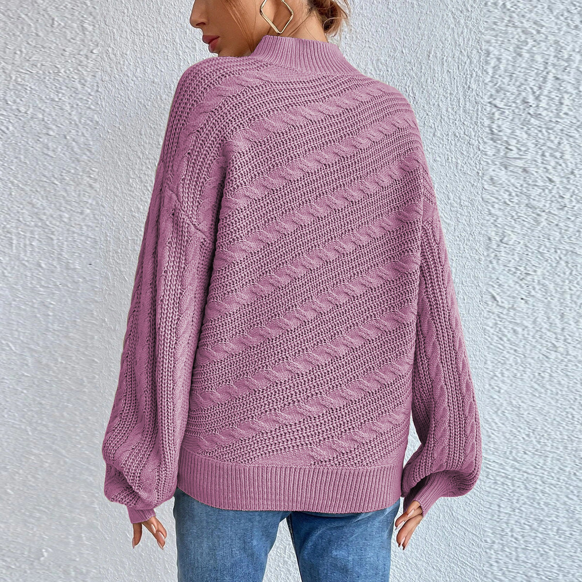 Cable-Knit Mock Neck Long Sleeve Sweater - Pahabu - Women's Clothing & Shop