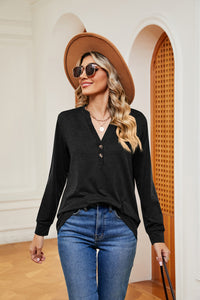 Buttoned Notched Neck Long Sleeve Top - Pahabu - Women's Clothing & Shop