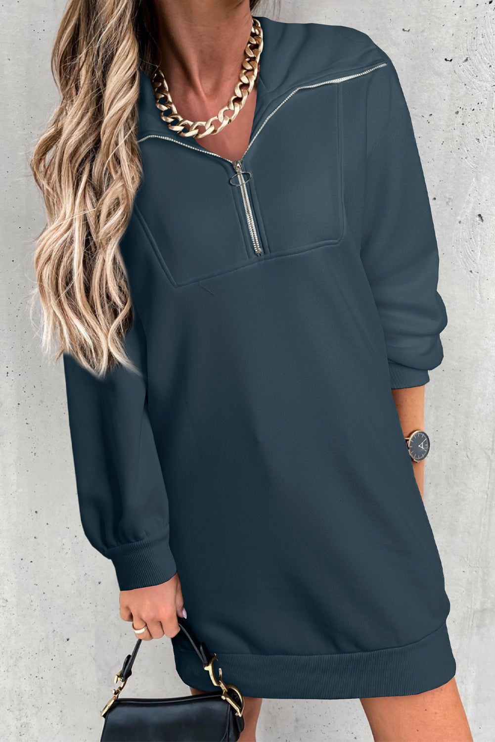 Half Zip Dropped Shoulder Mini Sweatshirt Dress - Pahabu - Women's Clothing & Shop