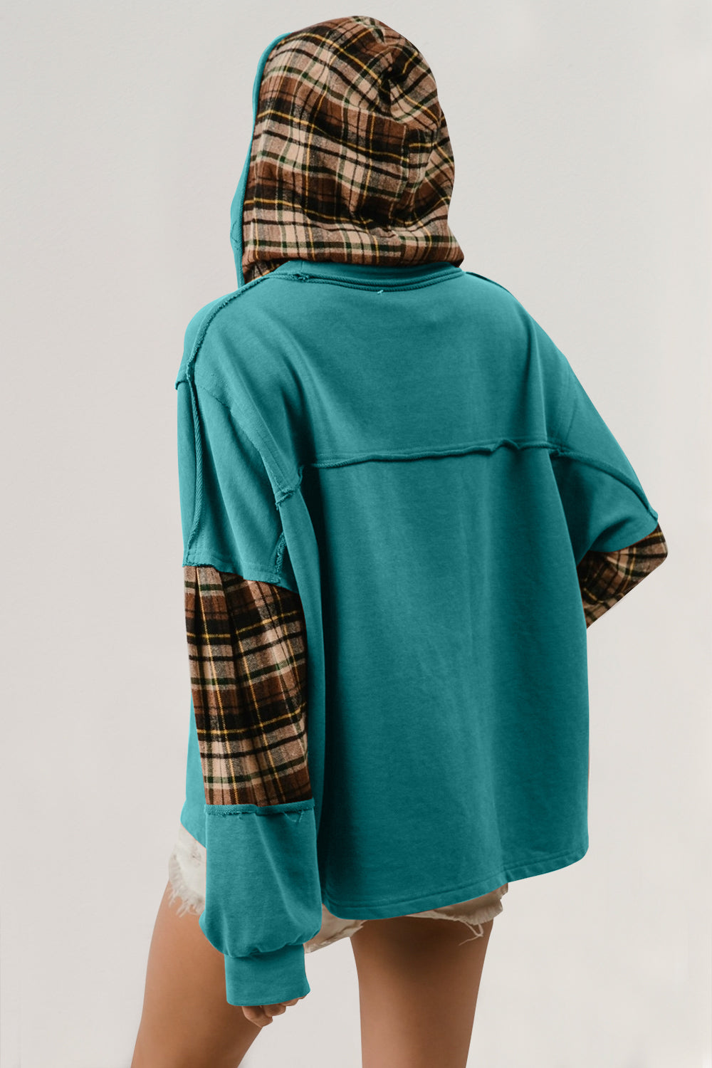 Double Take Drawstring Plaid Star Patch Long Sleeve Hoodie - Pahabu - Women's Clothing & Shop