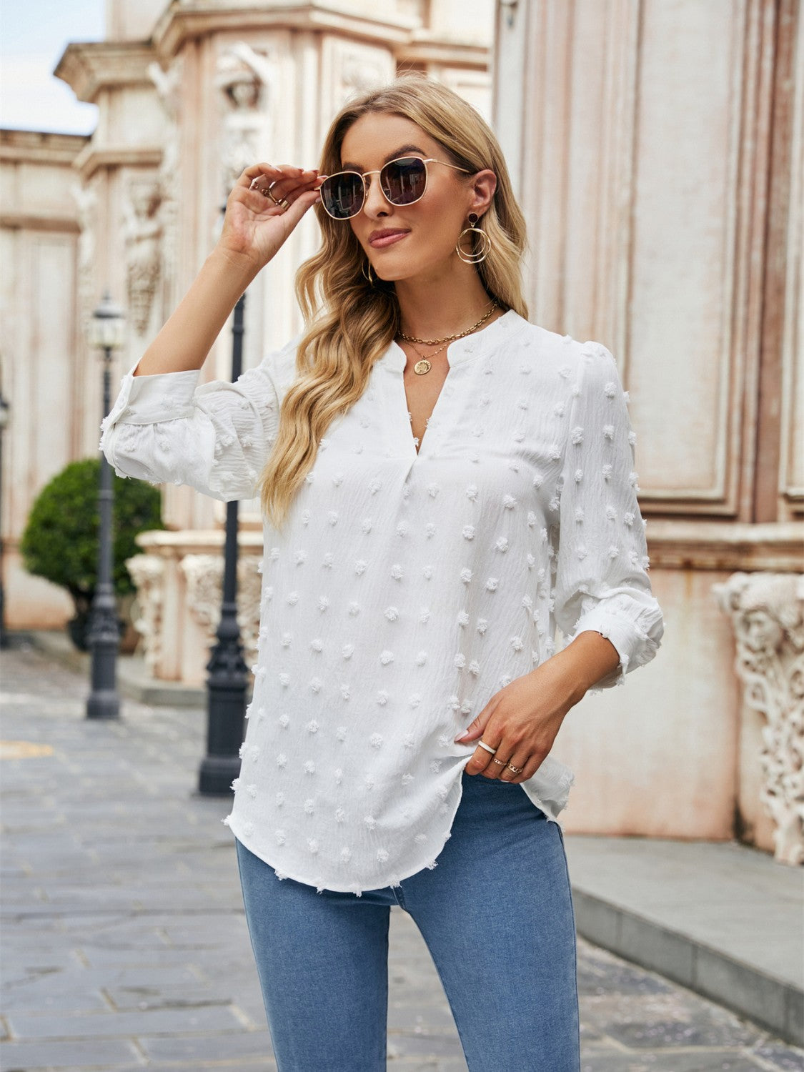 Swiss Dot Notched Neck Blouse - Pahabu - Women's Clothing & Shop