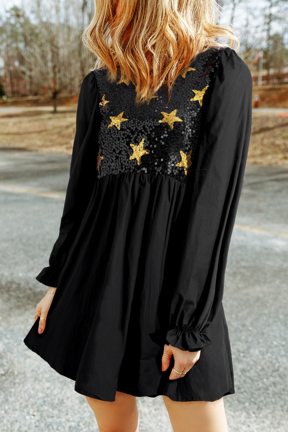Sequin Star Round Neck Flounce Sleeve Mini Dress - Pahabu - Women's Clothing & Shop