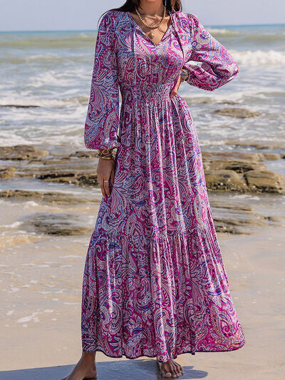 Printed Tie Neck Balloon Sleeve Maxi Dress - Pahabu - Women's Clothing & Shop