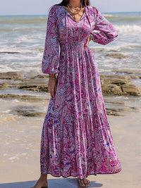 Printed Tie Neck Balloon Sleeve Maxi Dress - Pahabu - Women's Clothing & Shop