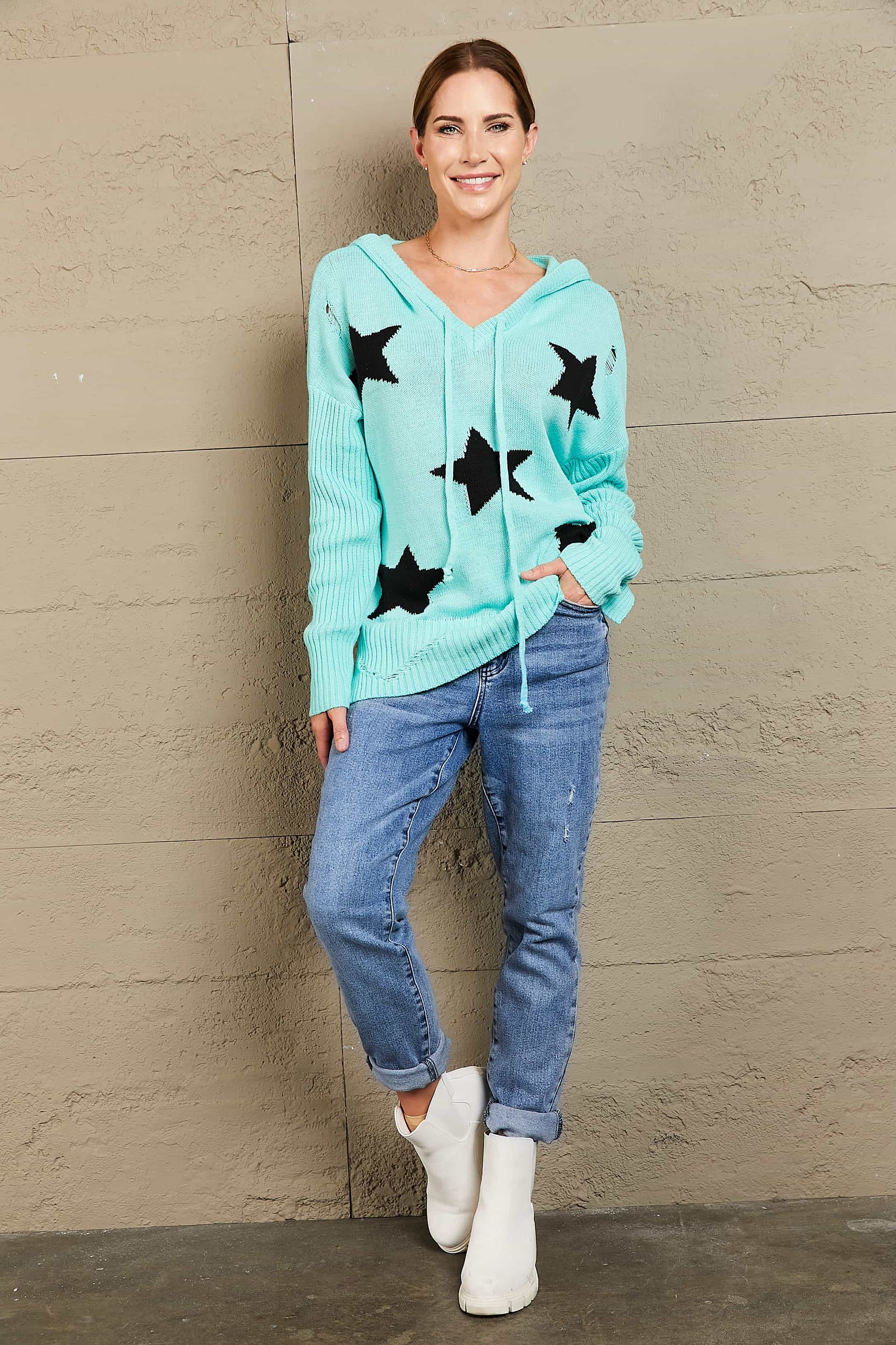 Woven Right Star Distressed Slit Hooded Sweater - Pahabu - Women's Clothing & Shop