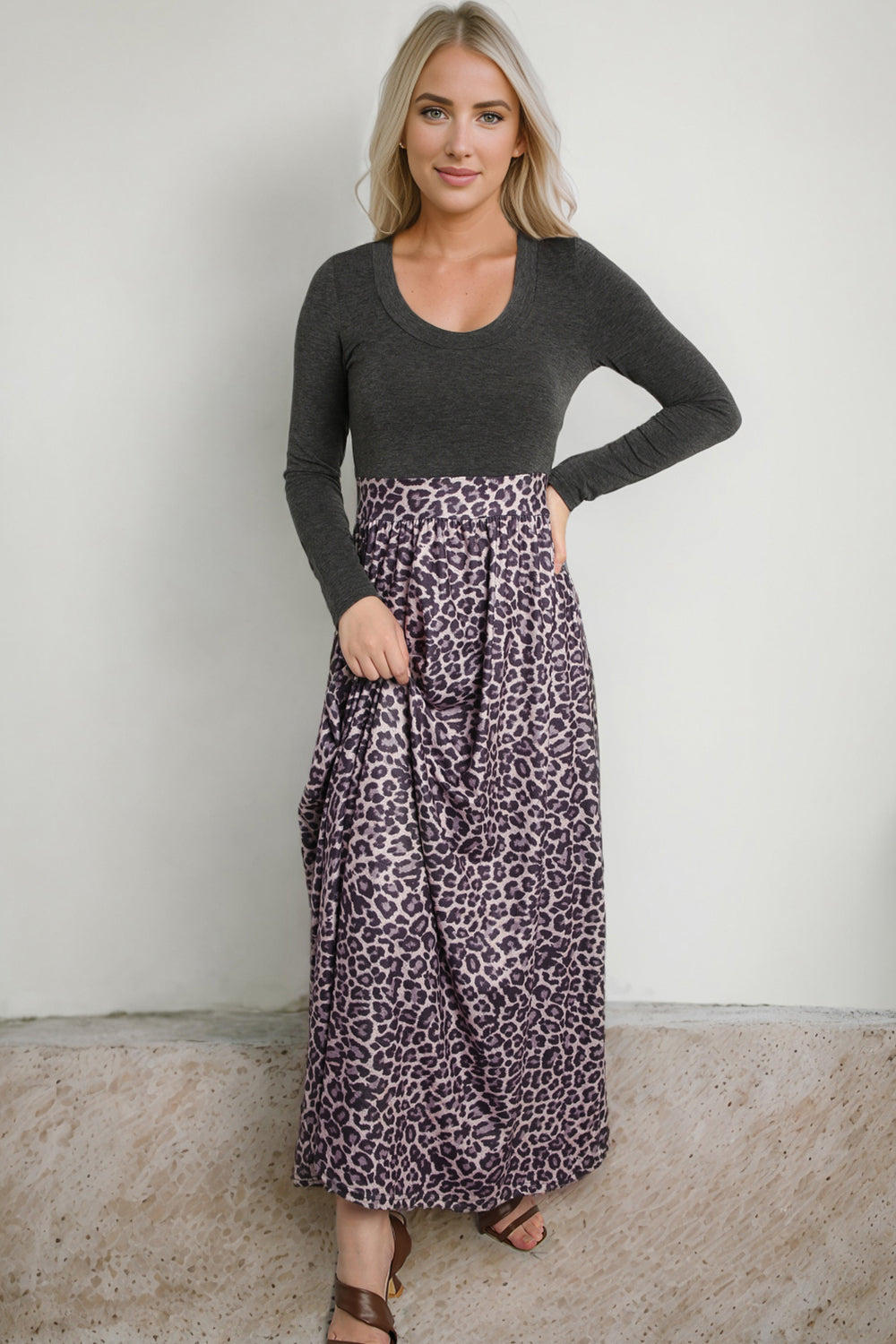 Leopard Round Neck Maxi Dress - Pahabu - Women's Clothing & Shop