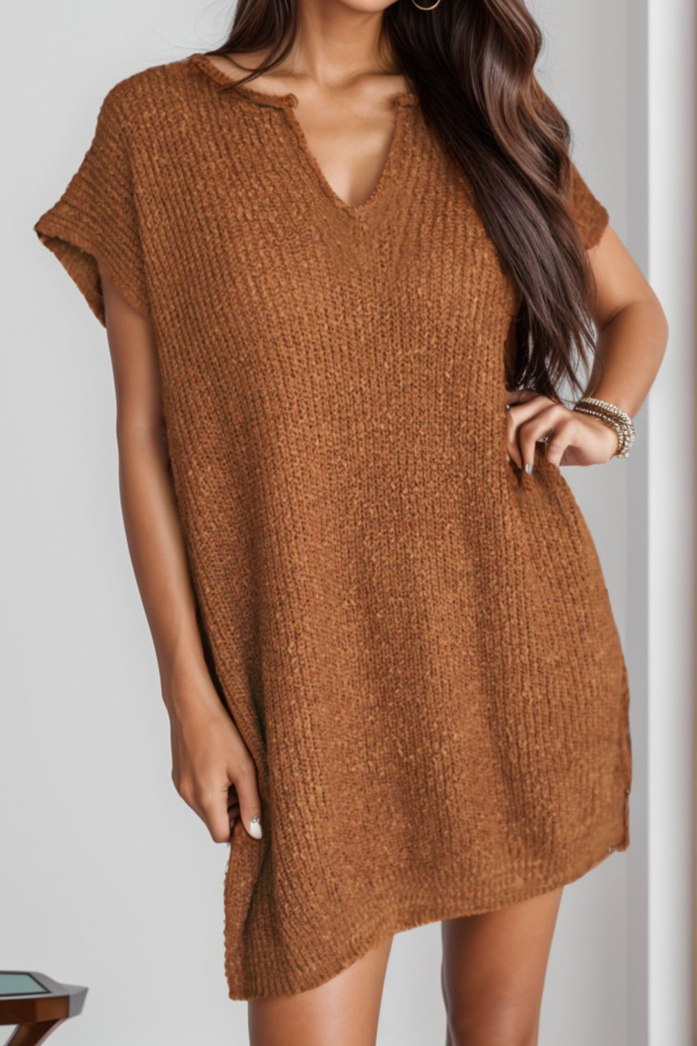 Notched Cap Sleeve Mini Sweater Dress - Pahabu - Women's Clothing & Shop