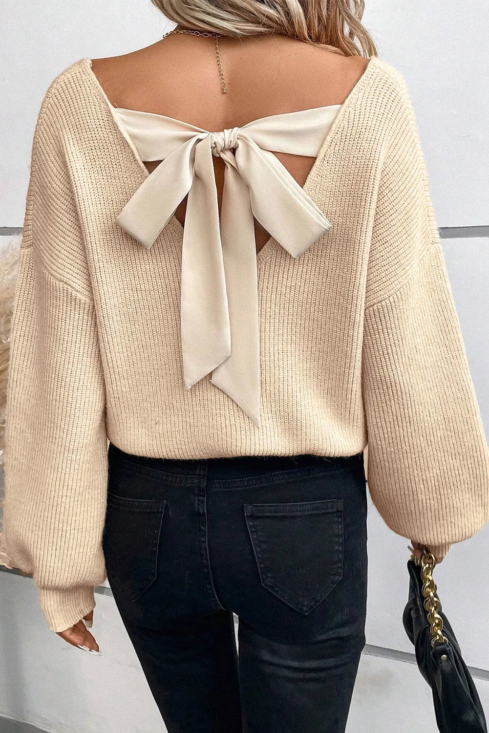 Tied V-Neck Long Sleeve Sweater - Pahabu - Women's Clothing & Shop