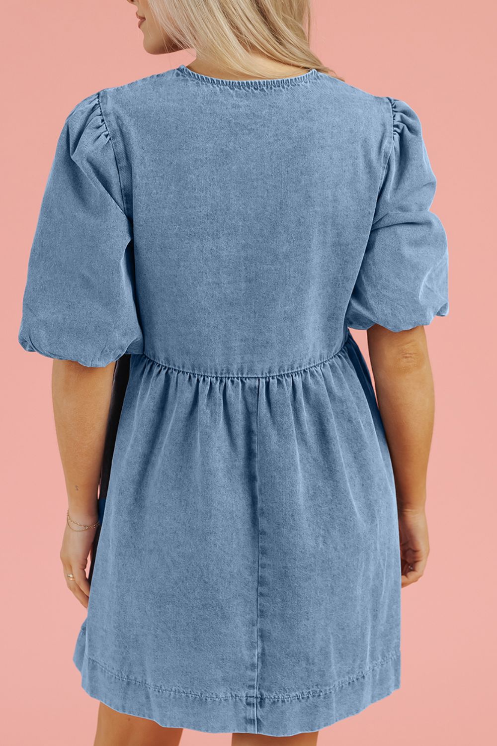 Bowknot Round Neck Half Sleeve Denim Dress - Pahabu - Women's Clothing & Shop