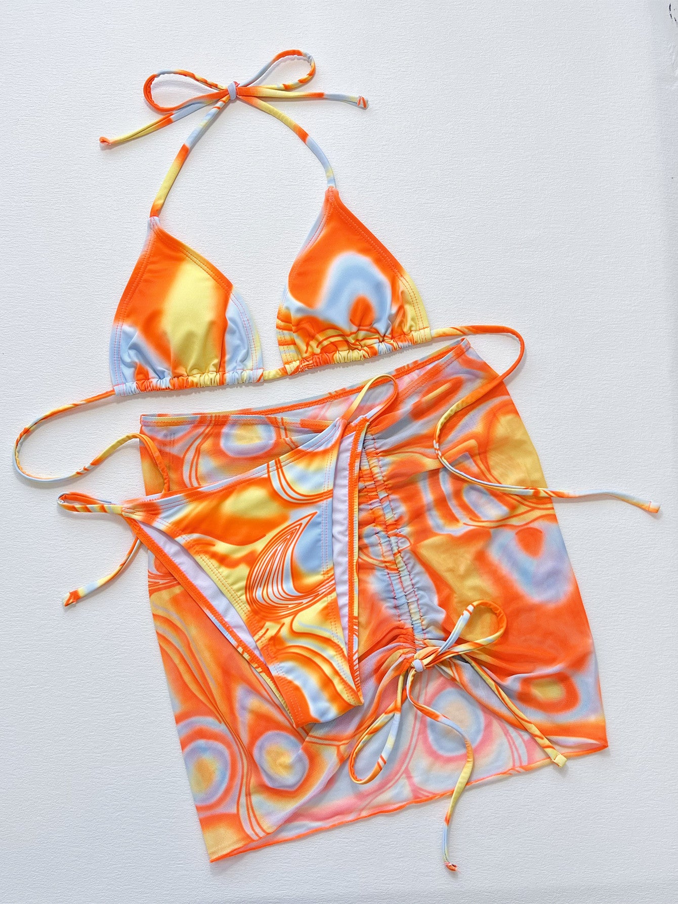 Multicolored Drawstring Ruched Three-Piece Swim Set - Pahabu - Women's Clothing & Shop