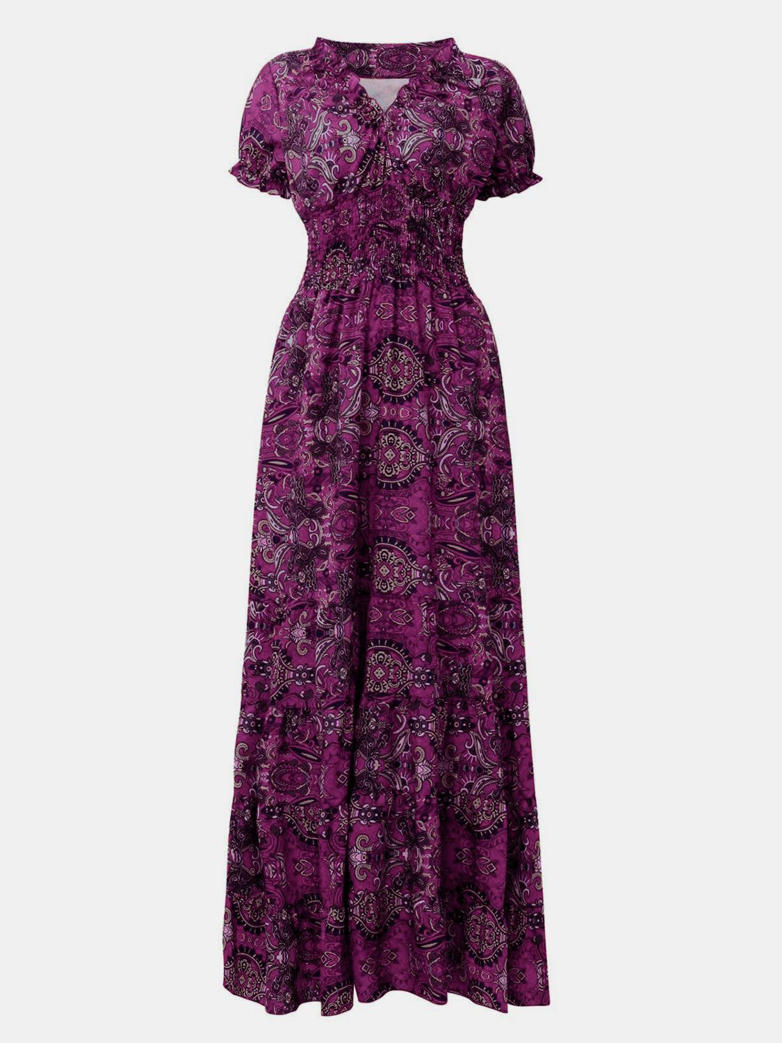 Full Size Smocked Printed V-Neck Short Sleeve Dress - Pahabu - Women's Clothing & Shop