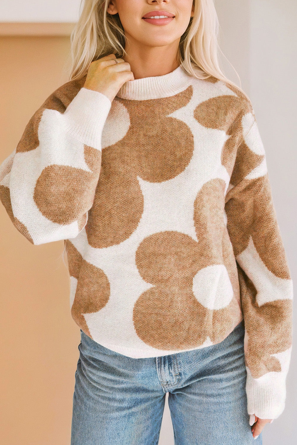 Contrast Flower Mock Neck Long Sleeve Sweater - Pahabu - Women's Clothing & Shop