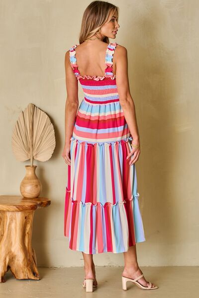 Striped Frill Smocked Tiered Midi Dress - Pahabu - Women's Clothing & Shop