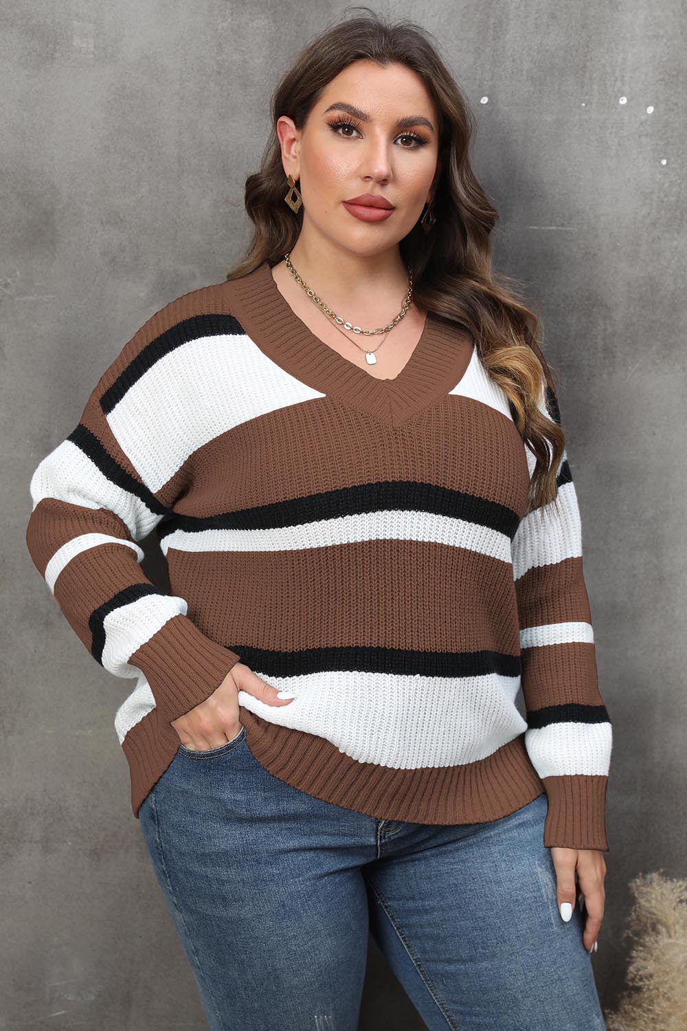 Plus Size Striped V-Neck Dropped Shoulder Sweater - Pahabu - Women's Clothing & Shop
