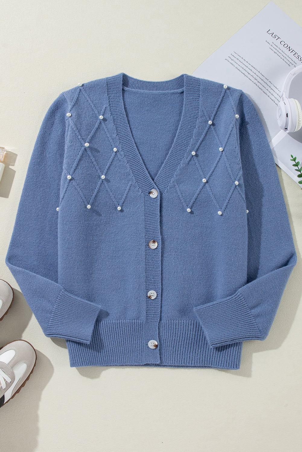 Beaded V-Neck Button Up Long Sleeve Cardigan - Pahabu - Women's Clothing & Shop