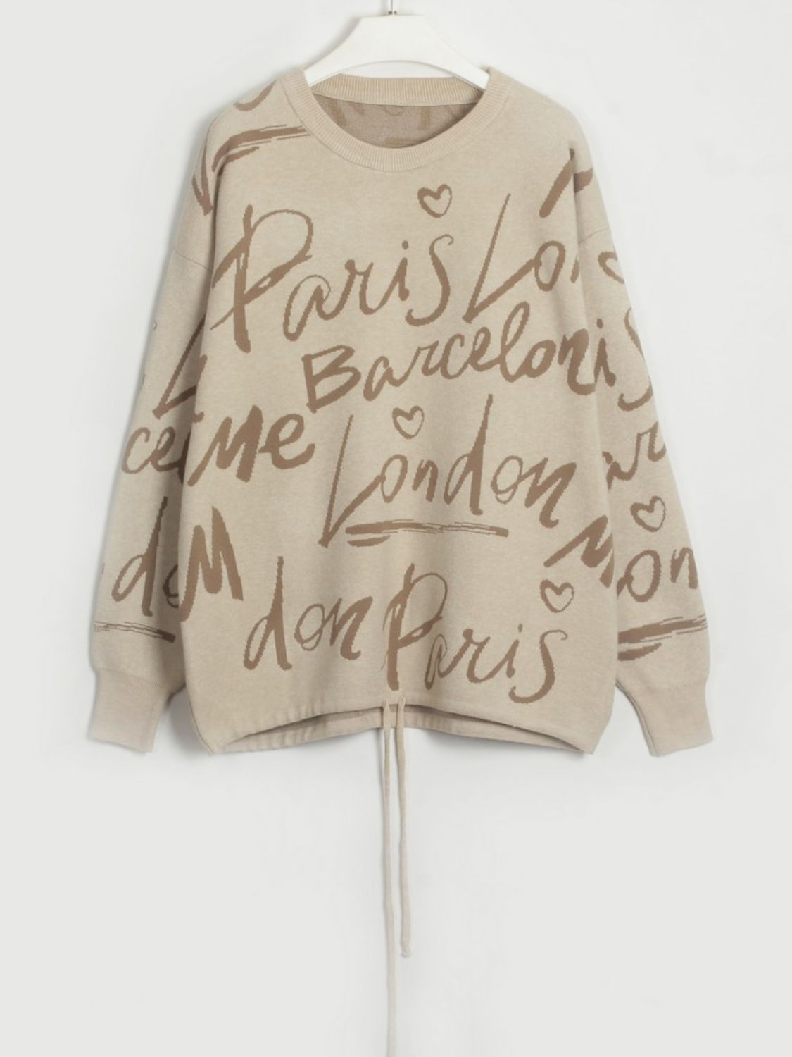 Drawstring Hem Letter Pattern Round Neck Dropped Shoulder Sweater - Pahabu - Women's Clothing & Shop