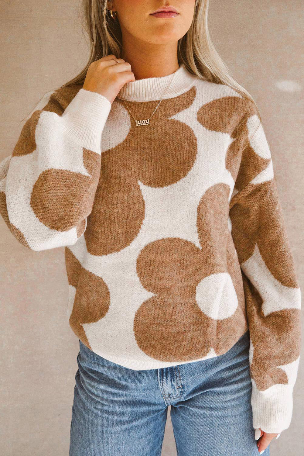 Contrast Flower Mock Neck Long Sleeve Sweater - Pahabu - Women's Clothing & Shop