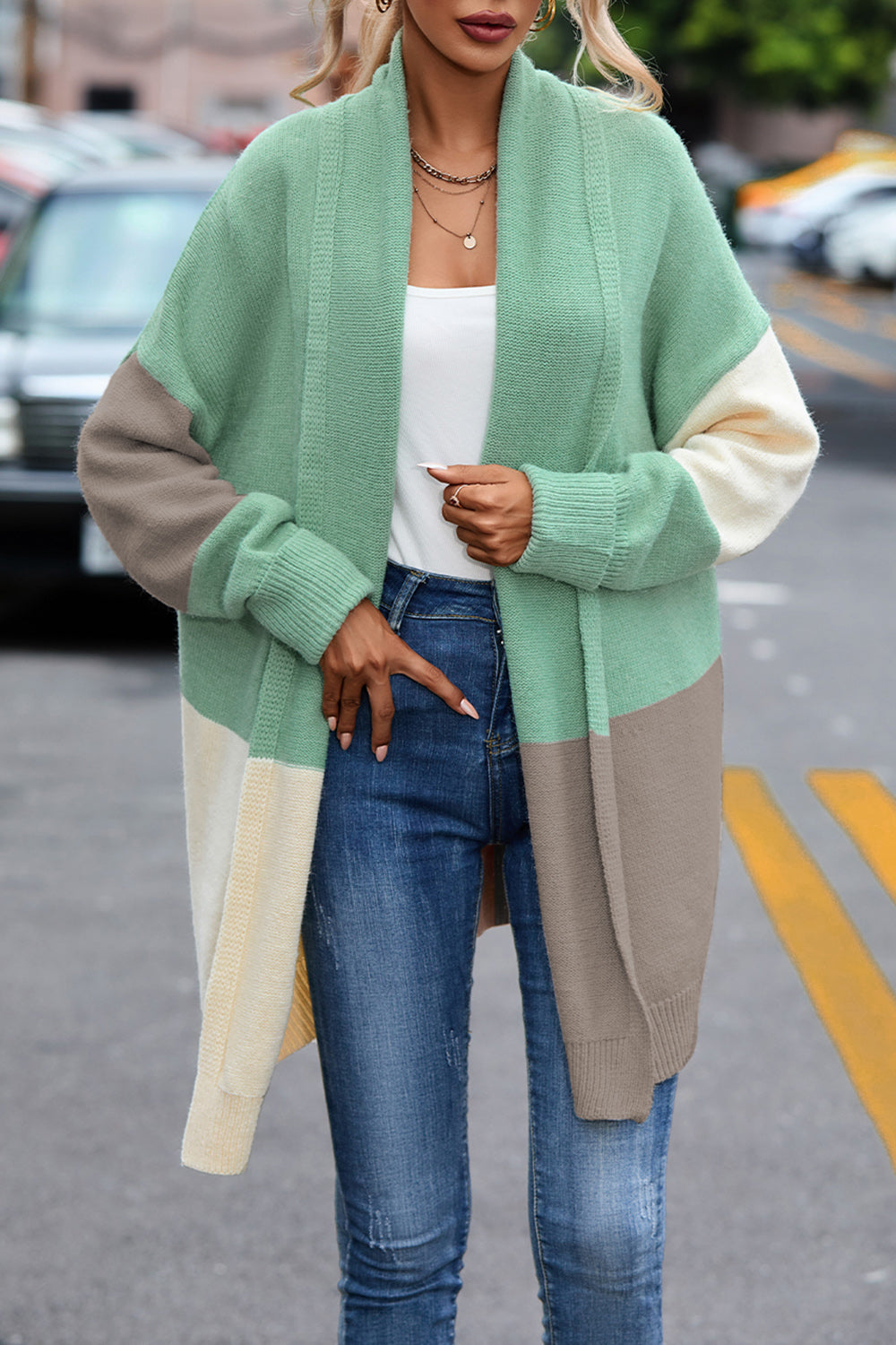 Color Block Long Sleeve Cardigan - Pahabu - Women's Clothing & Shop