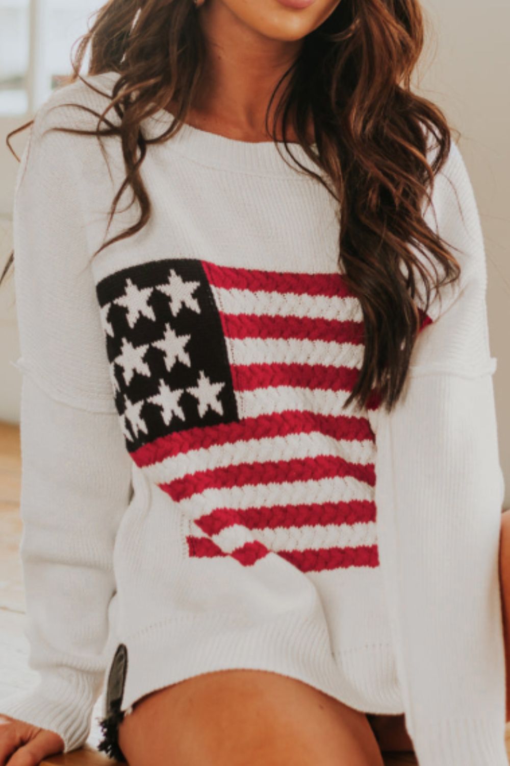 US Flag Side Slit Drop Shoulder Sweater - Pahabu - Women's Clothing & Shop