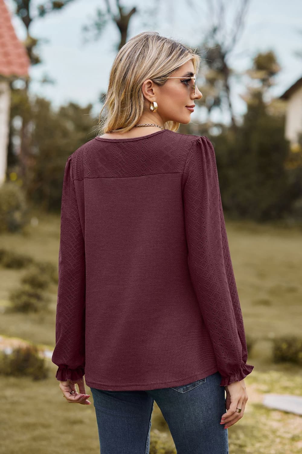Round Neck Puff Sleeve Blouse - Pahabu - Women's Clothing & Shop