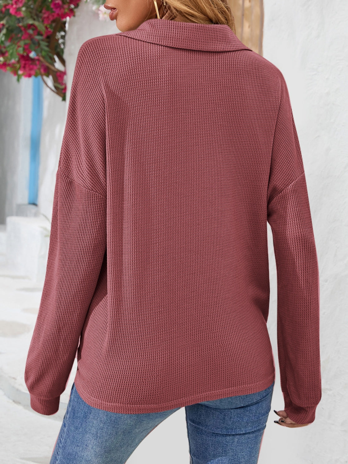 Half Button Collared Neck Long Sleeve Top - Pahabu - Women's Clothing & Shop
