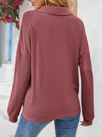 Half Button Collared Neck Long Sleeve Top - Pahabu - Women's Clothing & Shop