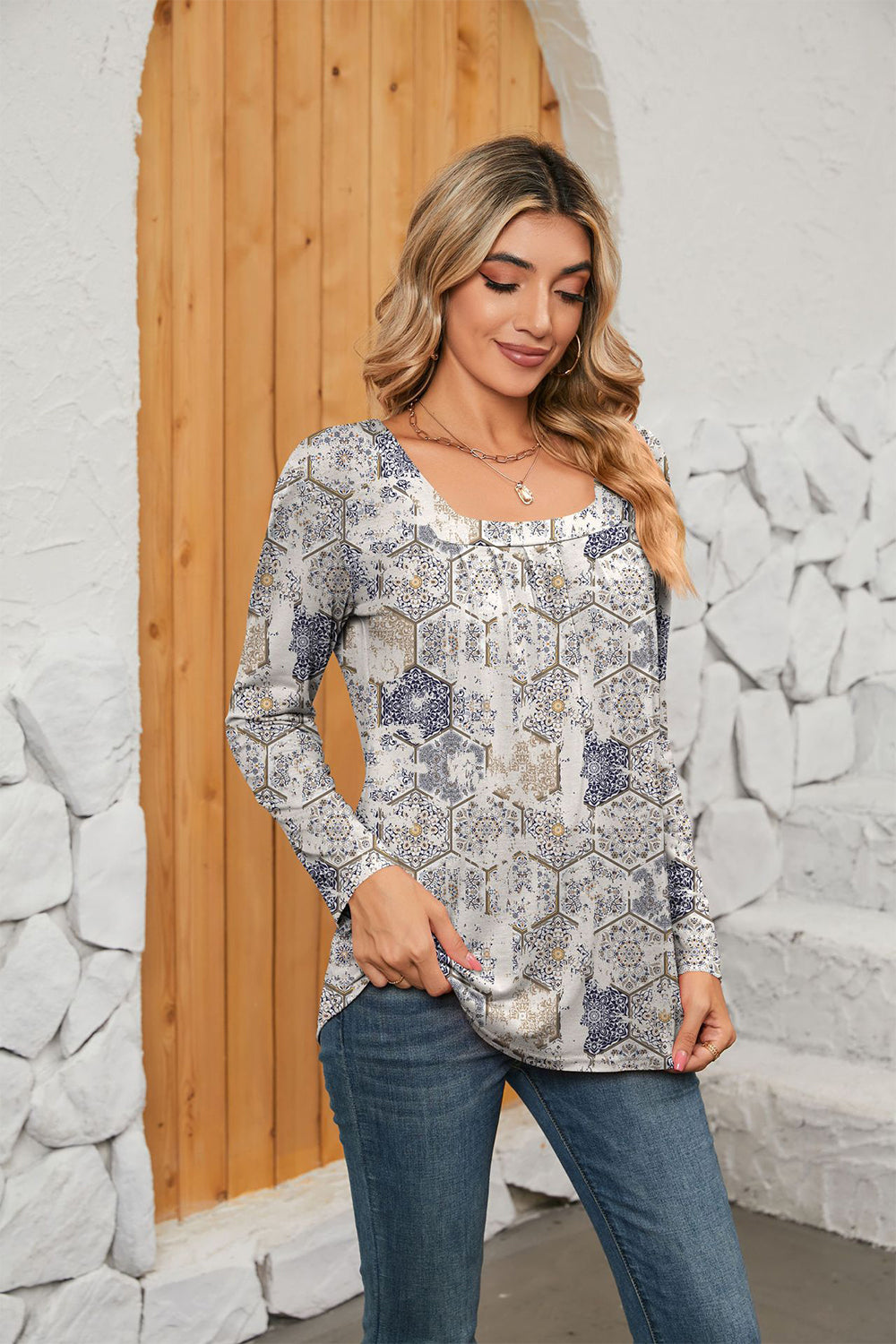 Printed Square Neck Long Sleeve Blouse - Pahabu - Women's Clothing & Shop