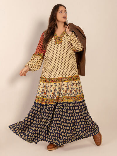 Plus Size Printed V-Neck Long Sleeve Maxi Dress - Pahabu - Women's Clothing & Shop