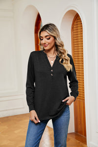 Buttoned Notched Neck Long Sleeve Top - Pahabu - Women's Clothing & Shop