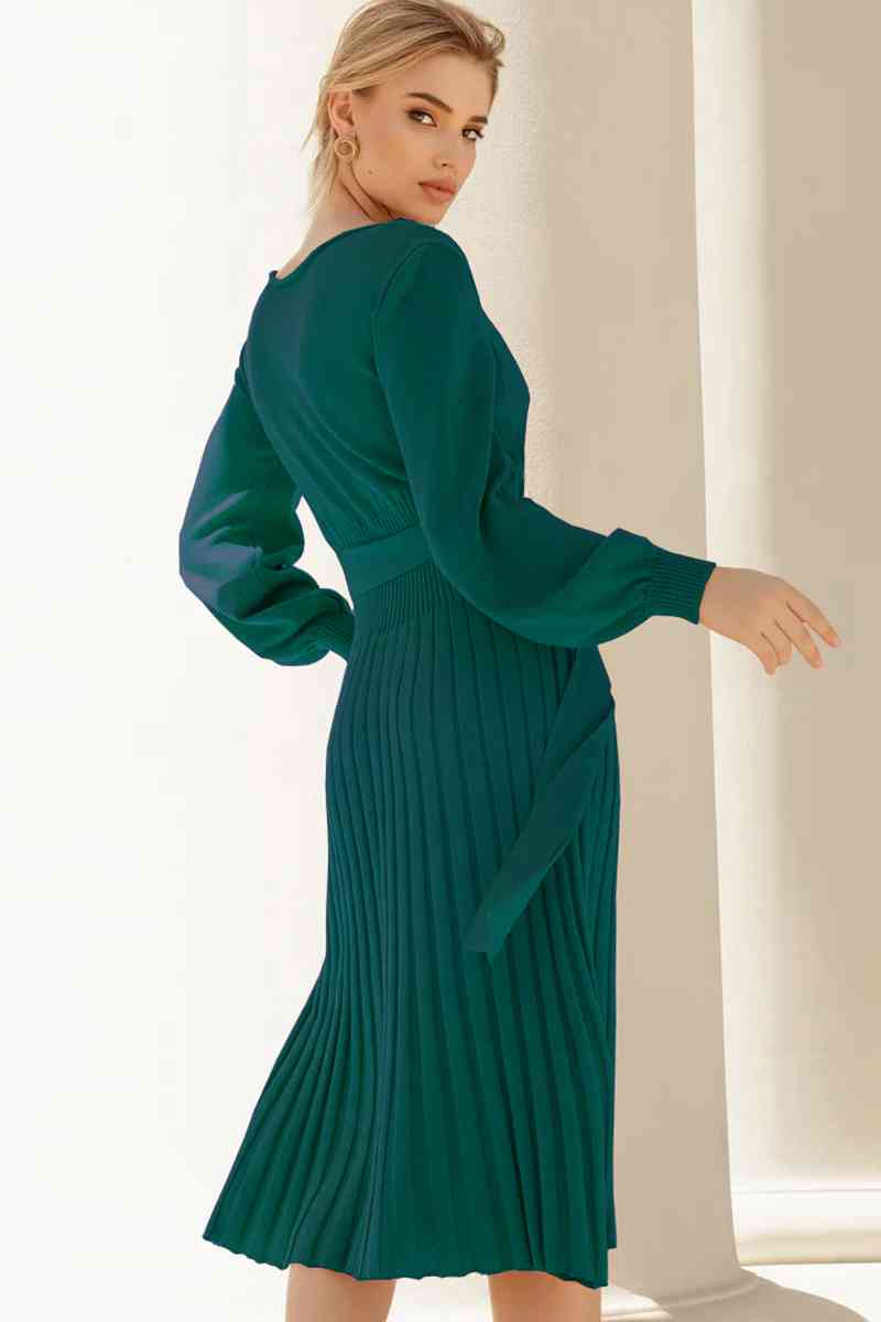 Round Neck Long Sleeve Pleated Sweater Dress - Pahabu - Women's Clothing & Shop
