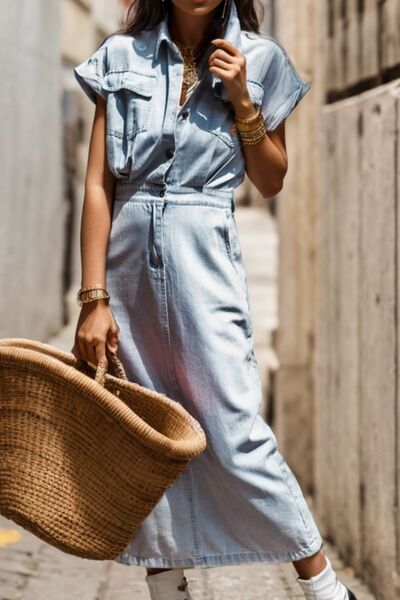 Slit Pocketed Half Button Denim Dress - Pahabu - Women's Clothing & Shop