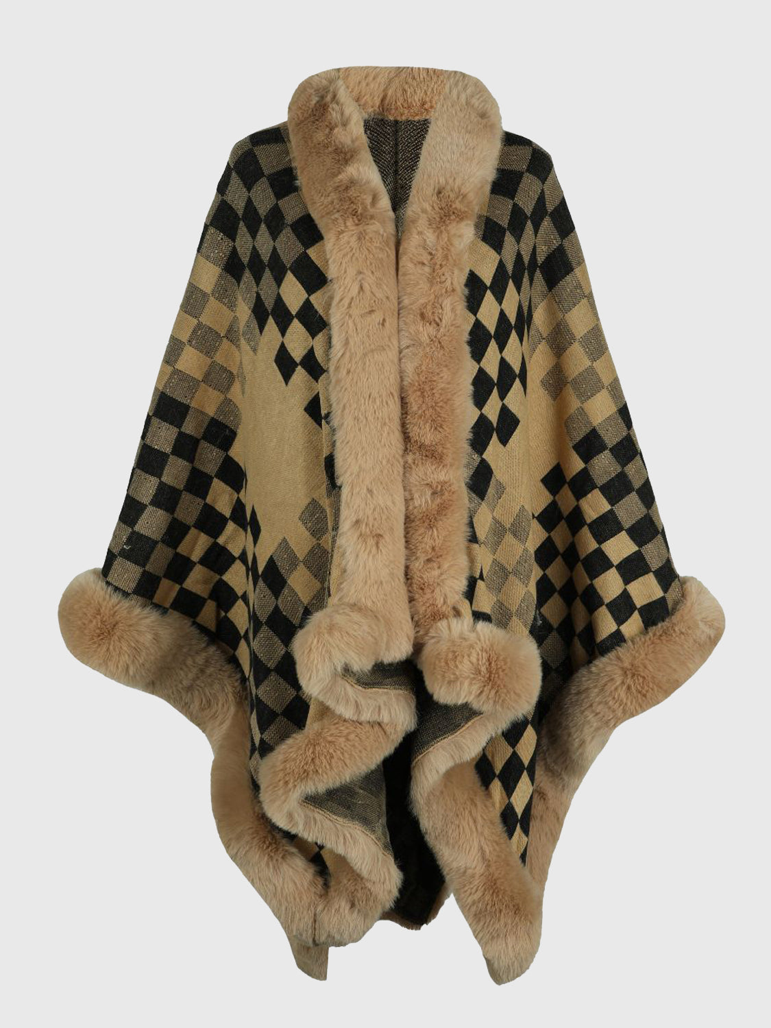 Checkered Faux Fur Trim Poncho - Pahabu - Women's Clothing & Shop