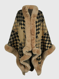 Checkered Faux Fur Trim Poncho - Pahabu - Women's Clothing & Shop